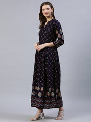 Women Navy Blue Printed Dress With Three Quarter Sleeves