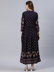 Women Navy Blue Printed Dress With Three Quarter Sleeves