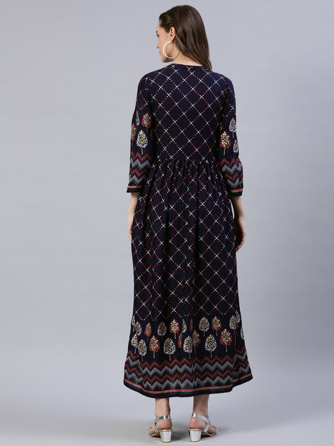 Women Navy Blue Printed Dress With Three Quarter Sleeves