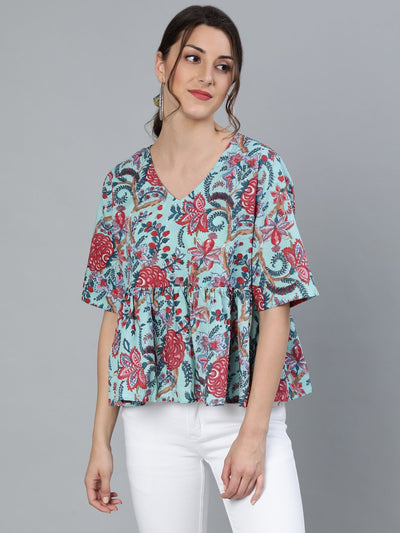 Women Green printed Top With V neck & Three Quarter Sleeves