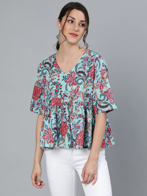 Women Green printed Top With V neck & Three Quarter Sleeves