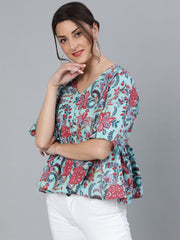 Women Green printed Top With V neck & Three Quarter Sleeves