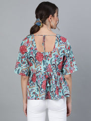 Women Green printed Top With V neck & Three Quarter Sleeves