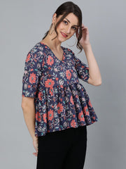 Women Blue printed Top With V neck & Three Quarter Sleeves