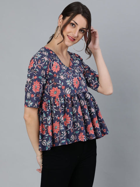 Women Blue printed Top With V neck & Three Quarter Sleeves