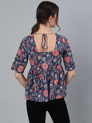 Women Blue printed Top With V neck & Three Quarter Sleeves