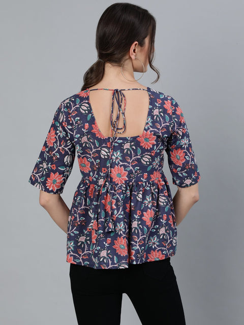 Women Blue printed Top With V neck & Three Quarter Sleeves
