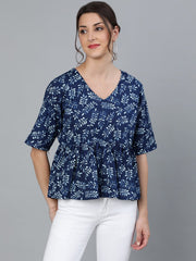 Women Indigo Blue printed Top With V neck & Three Quarter Sleeves
