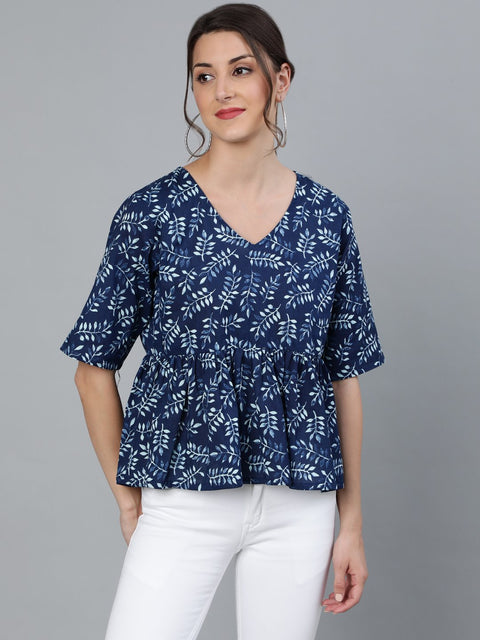 Women Indigo Blue printed Top With V neck & Three Quarter Sleeves