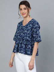 Women Indigo Blue printed Top With V neck & Three Quarter Sleeves