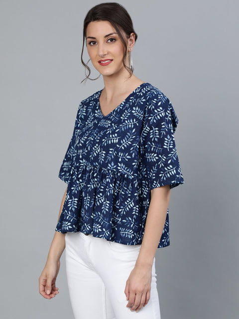 Women Indigo Blue printed Top With V neck & Three Quarter Sleeves