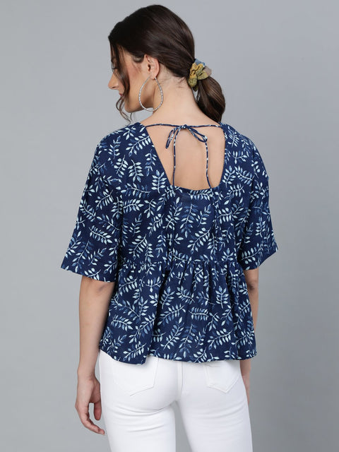 Women Indigo Blue printed Top With V neck & Three Quarter Sleeves