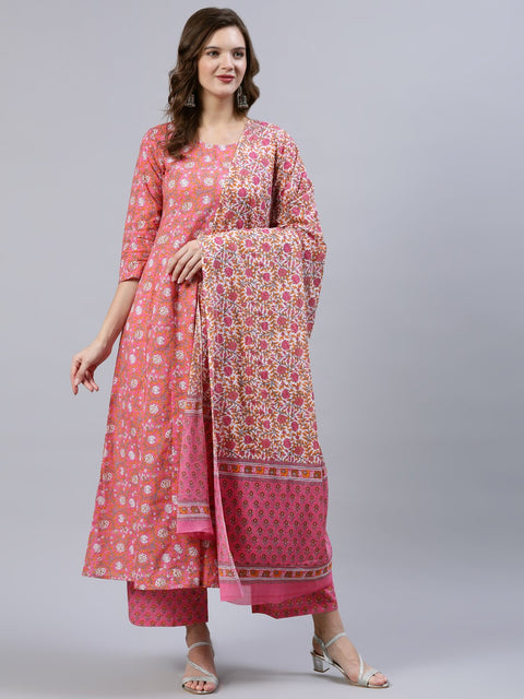Women Pink Floral Printed Anarkali Kurta With Palazo & Dupatta