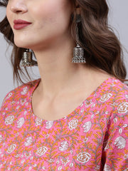 Women Pink Floral Printed Anarkali Kurta With Palazo & Dupatta