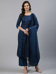 Women Indigo Floral Printed Straight  Kurta With Palazo & Dupatta