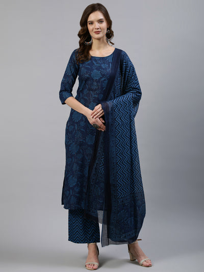Women Indigo Floral Printed Straight  Kurta With Palazo & Dupatta