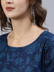 Women Indigo Floral Printed Straight  Kurta With Palazo & Dupatta