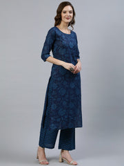 Women Indigo Floral Printed Straight  Kurta With Palazo & Dupatta