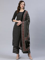 Women Black Printed Straight  Kurta With Palazo & Dupatta