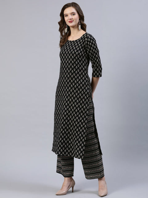 Women Black Printed Straight  Kurta With Palazo & Dupatta