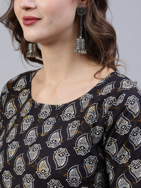 Women Black Printed Straight  Kurta With Palazo & Dupatta