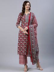 Women Red Printed Straight  Kurta With Palazo & Dupatta