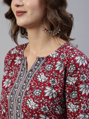 Women Red Printed Straight  Kurta With Palazo & Dupatta