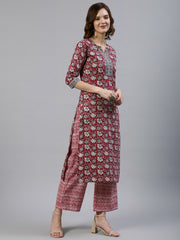Women Red Printed Straight  Kurta With Palazo & Dupatta