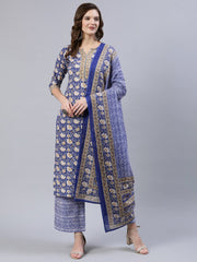 Women Blue Printed Straight  Kurta With Palazo & Dupatta