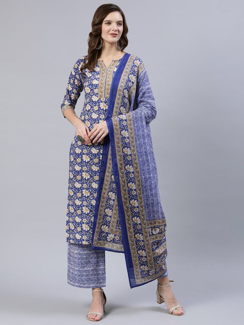 Women Blue Printed Straight  Kurta With Palazo & Dupatta