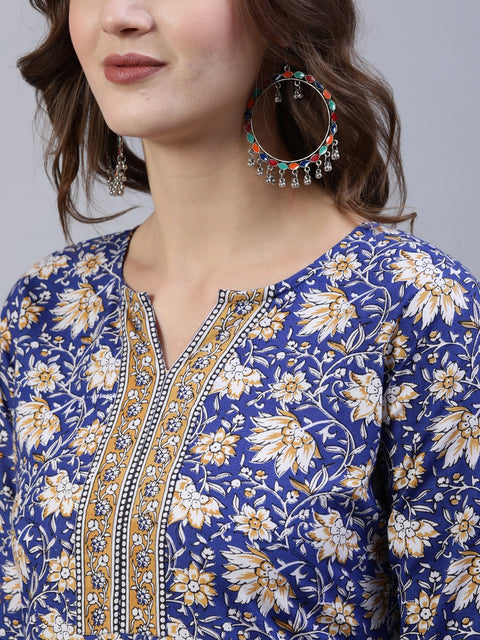 Women Blue Printed Straight  Kurta With Palazo & Dupatta