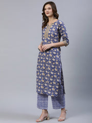 Women Blue Printed Straight  Kurta With Palazo & Dupatta