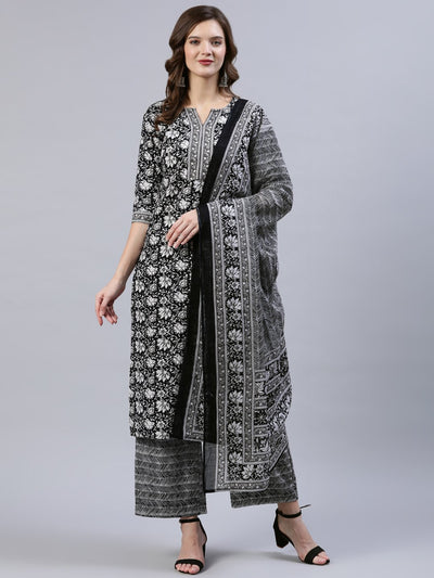 Women Black & Whites Floral Printed Straight Kurta With Palazo & Dupatta