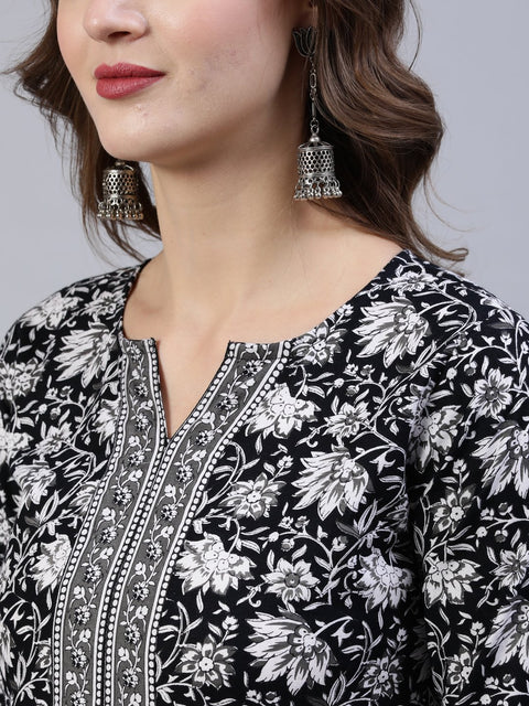 Women Black & Whites Floral Printed Straight Kurta With Palazo & Dupatta