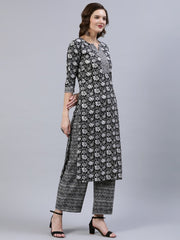 Women Black & Whites Floral Printed Straight Kurta With Palazo & Dupatta