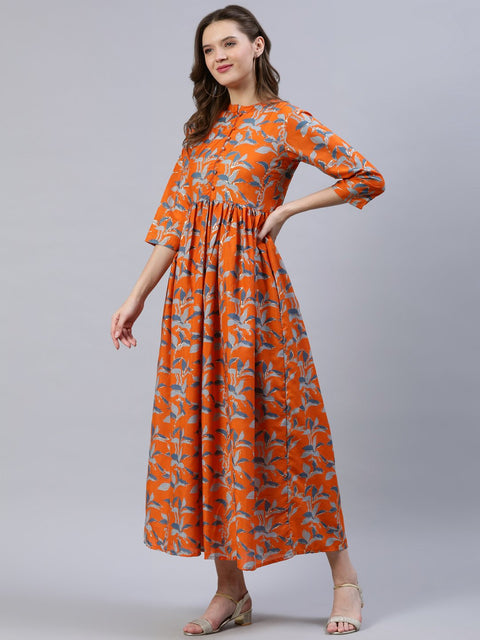 Women  Orange Printed Dress With Three Quarter Sleeves