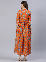 Women  Orange Printed Dress With Three Quarter Sleeves