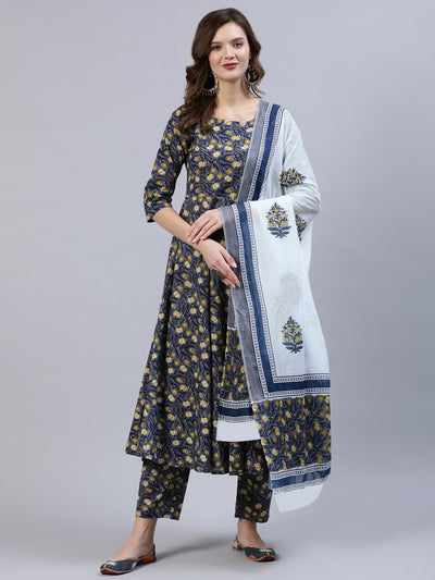 Women Blue Printed Flared Kurta With Trouser & Dupatta