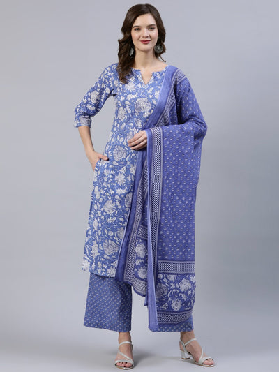 Women Purple Printed Straight Kurta With Palzo & Dupatta