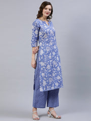 Women Purple Printed Straight Kurta With Palzo & Dupatta