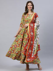 Women Green Floral Printed Dress With Dupatta