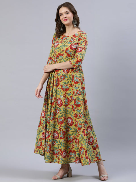 Women Green Floral Printed Dress With Dupatta