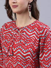 Women Red Zig-Zac Printed Dress With Three Quarter Sleeves