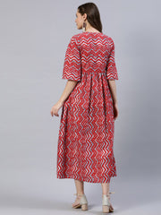 Women Red Zig-Zac Printed Dress With Three Quarter Sleeves
