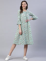Women Pastel Green Printed Dress With Three Quarter Flared Sleeves