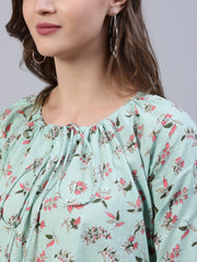 Women Pastel Green Printed Dress With Three Quarter Flared Sleeves