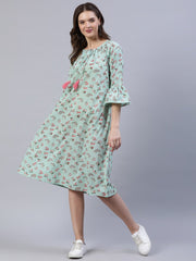 Women Pastel Green Printed Dress With Three Quarter Flared Sleeves
