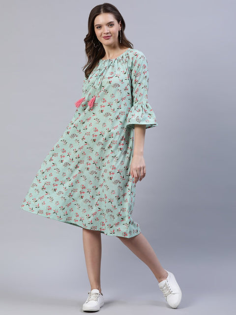 Women Pastel Green Printed Dress With Three Quarter Flared Sleeves