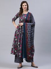 Women Grey Printed Flared Kurta With Palzo & Dupatta