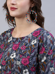 Women Grey Printed Flared Kurta With Palzo & Dupatta